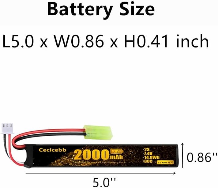 Cecicebb Airsoft Battery 7.4V 2000mAh 30C with Mini Tamiya Plug for Airsoft Model Guns Rechargeable 2S Lipo Battery 2 Pack with 7.4V USB Charger Cable - Image 2